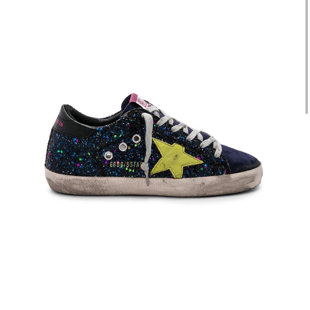 Golden Goose Superstar Sneaker in Disco Glitter & Green Star - Size 7
